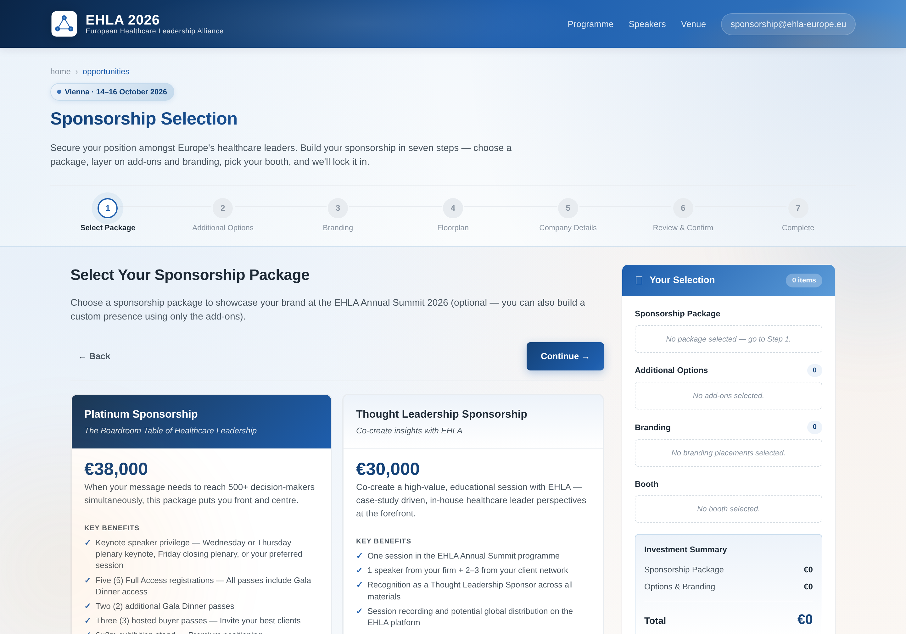 EHLA 2026 sponsorship portal — Step 1 Select Package
